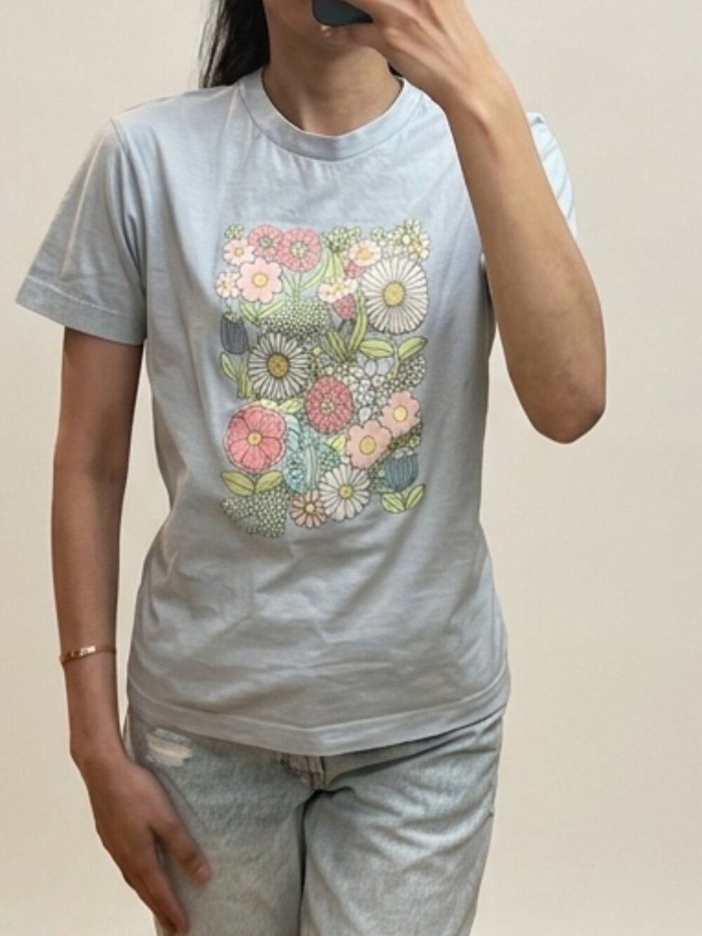 Monki Pastel Blue Floral Graphic Tee XXS Cute Cottagecore T-Shirt